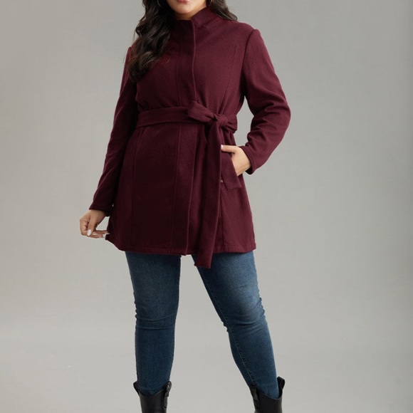 Stand collar fall button down belted coat - Picture 4 of 4